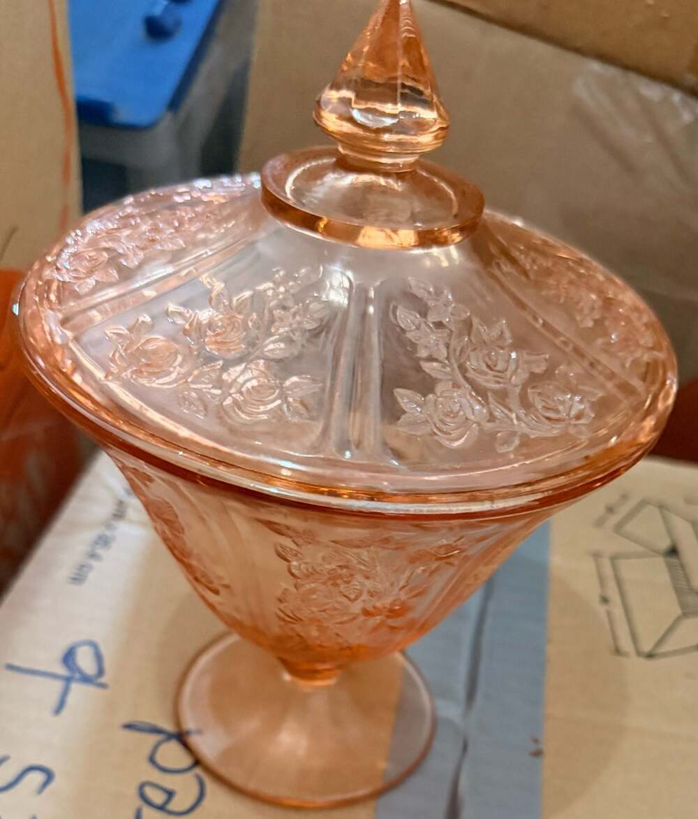 Federal Glass Sharon Cabbage Rose Pink Depression Glass Footed Candy Jar with Co